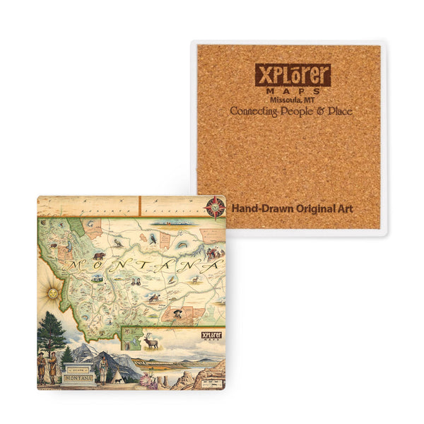 4"x4" Montana State Map Ceramic Coasters by Xplorer Maps. The map is featuring Sacajawea, Lewis & Clark, Yellowstone, Glacier National Park, Flathead Lake, grizzly bear, bald eagle, and elk. Cities like Missoula, Bozeman, Helena, and Whitefish are included on the coaster. 