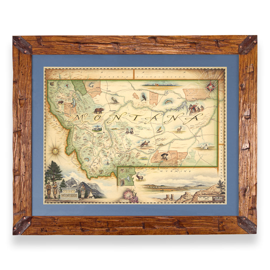 Montana State hand-drawn map in earth tones blues and greens. The map print is framed in Montana hand-scraped pine with a blue mat.