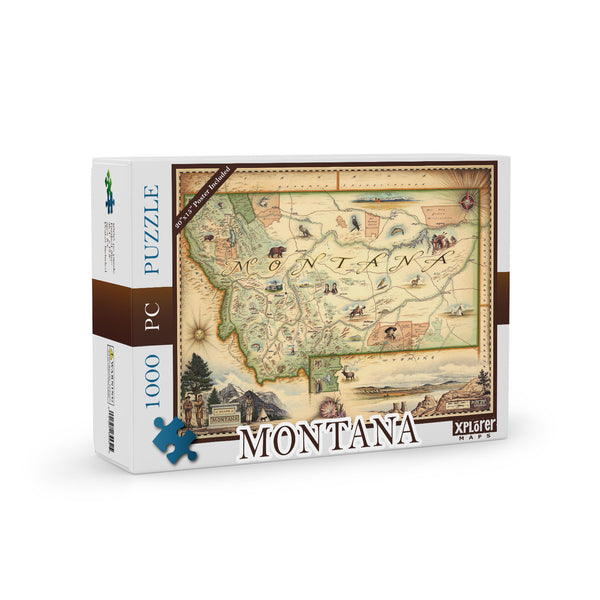 Montana State Map Jigsaw Puzzle by Xplorer Maps The map is featuring Sacajawea, Lewis & Clark, Yellowstone, Glacier National Park, Flathead Lake, grizzly bear, bald eagle, and elk. Cities like Missoula, Bozeman, Helena, and Whitefish are included in the puzzle. 