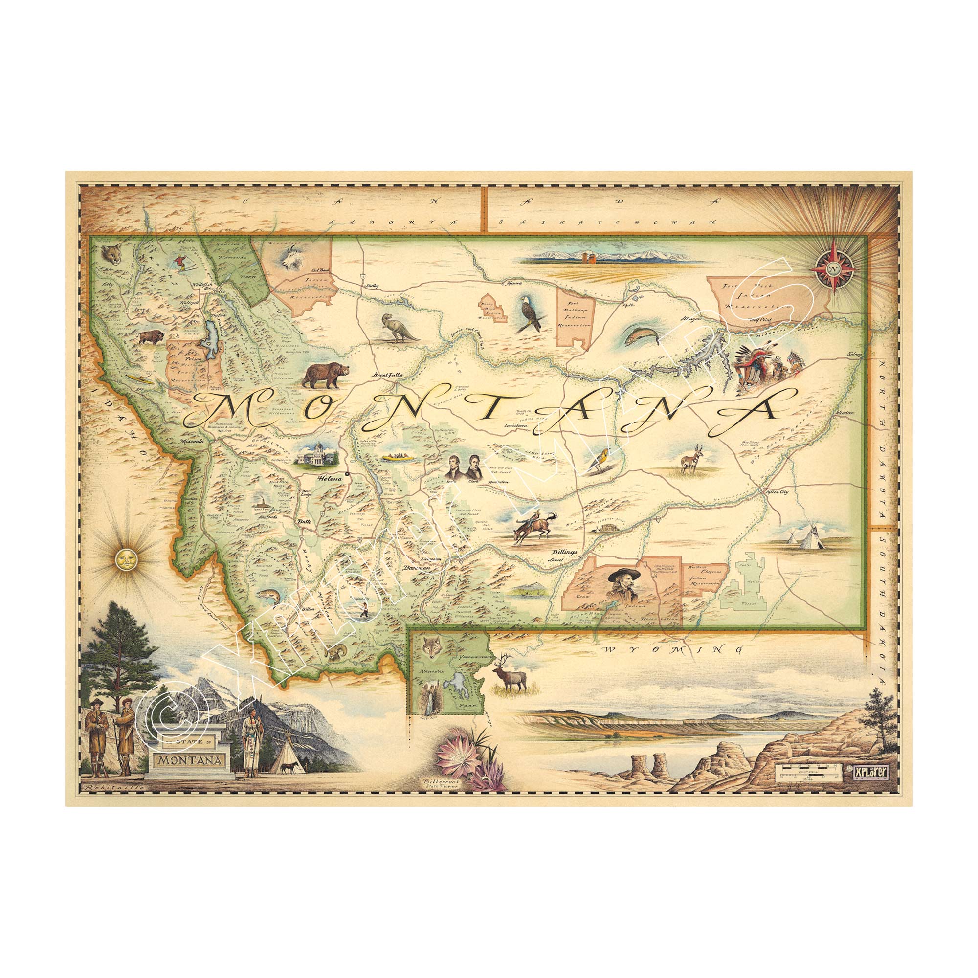 This Lithographic Map Art Print features a hand-illustrated map of Montana. Original hand-drawn pen and ink/watercolor artwork by Chris Robitaille of Xplorer Maps. The map is featuring Sacajawea, Lewis & Clark, Yellowstone, Glacier National Park, Flathead Lake, Missoula, Bozeman, Helena, and Whitefish. The Big Sky State Map is 24