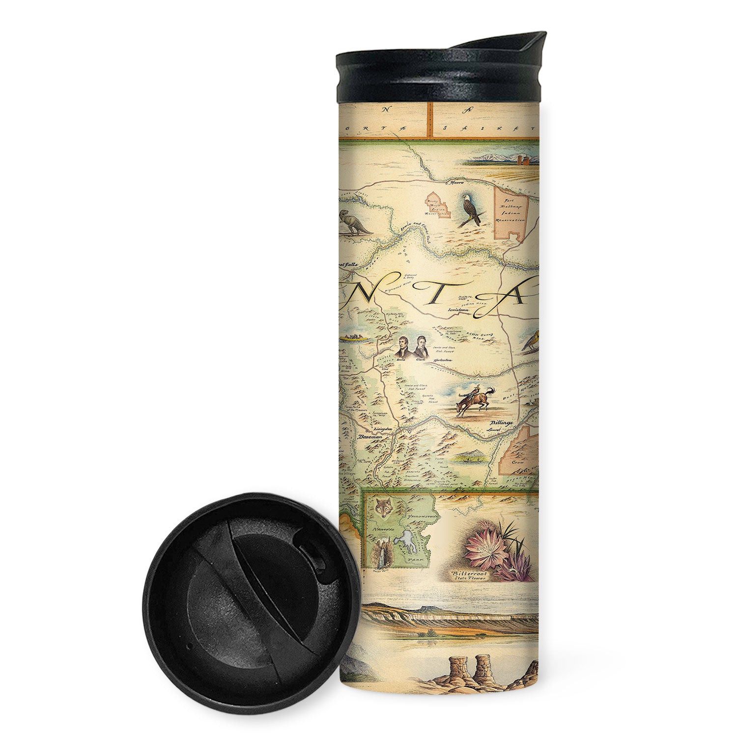 Montana State Map 16 oz Travel Bottle Thermos in earth tone colors. Featuring bear, bald eagle, cowboy, Lewis and Clark, Dinosaurs, Bitterroot Flower, Yellowstone, Glacier, Bozeman, Missoula, Whitefish.