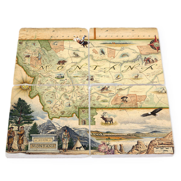 Montana Natural Stone Coaster Set of 4, forming a complete map of Montana. Features iconic landmarks such as Sacajawea, Lewis & Clark, Yellowstone, Glacier National Park, and Flathead Lake. The map also includes depictions of local wildlife, including a grizzly bear, bald eagle, and elk. Cities like Missoula, Bozeman, Helena, and Whitefish are highlighted, creating a unique representation of the state's diverse attractions