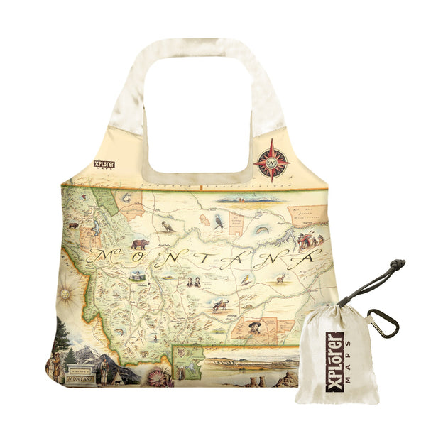 Montana State Map Pouch Tote Bag by Xplorer Maps. The map is featuring Sacajawea, Lewis & Clark, Yellowstone, Glacier National Park, Flathead Lake, grizzly bear, bald eagle, and elk. Cities like Missoula, Bozeman, Helena, and Whitefish are included in the print. 