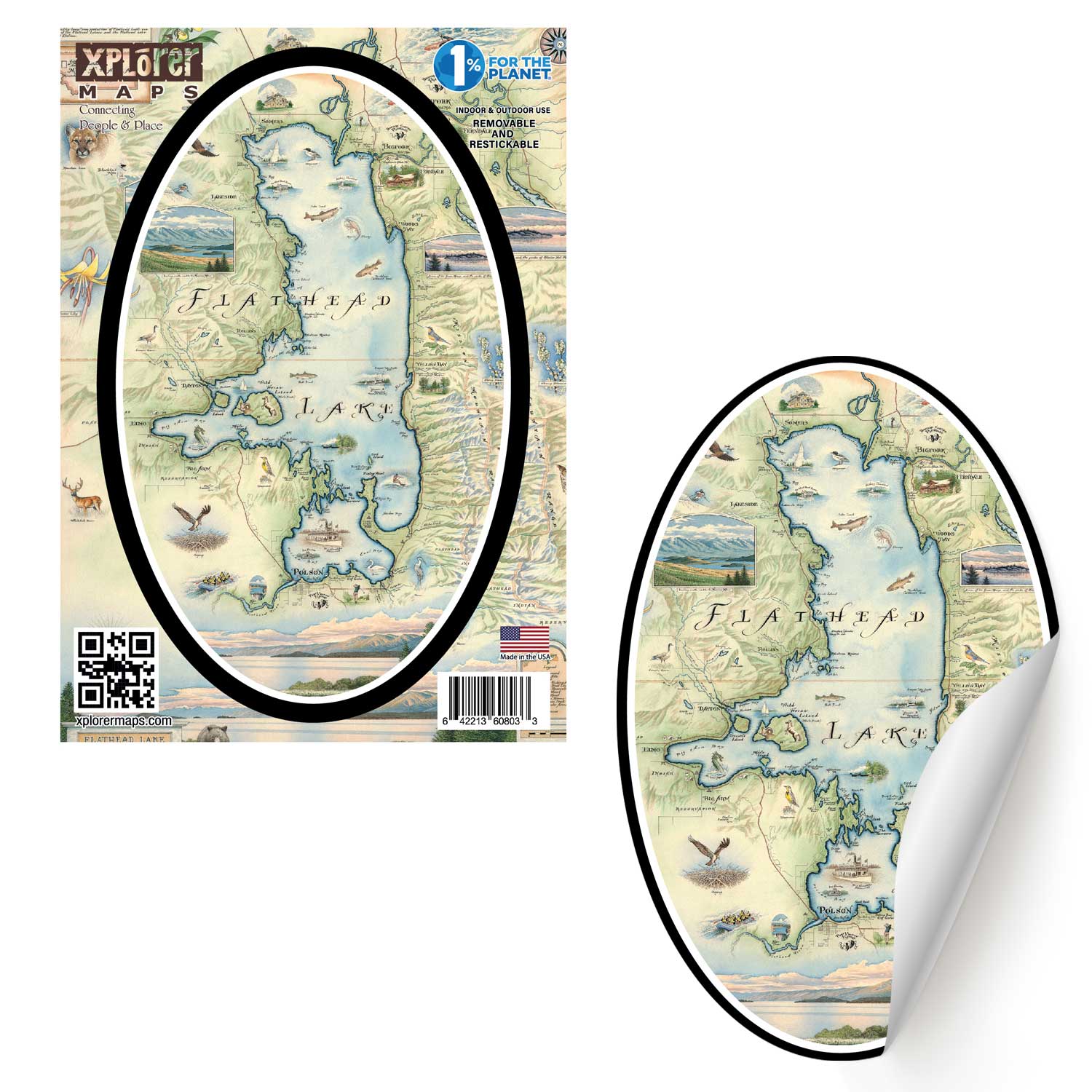 Montana's Flathead Lake Map Sticker by Xplorer Maps. Features Golfing, Steamboat, Rafting, birds, eagles, Osprey, Bears, forest, water, deer, mountain lion, fish, Cherry Blossoms, and flowers like Glacier Lilies and Lady Slippers. Cities and landmarks such as Woods Bay, Wild Horse Island, Finley Point, and Big Arm are noted.