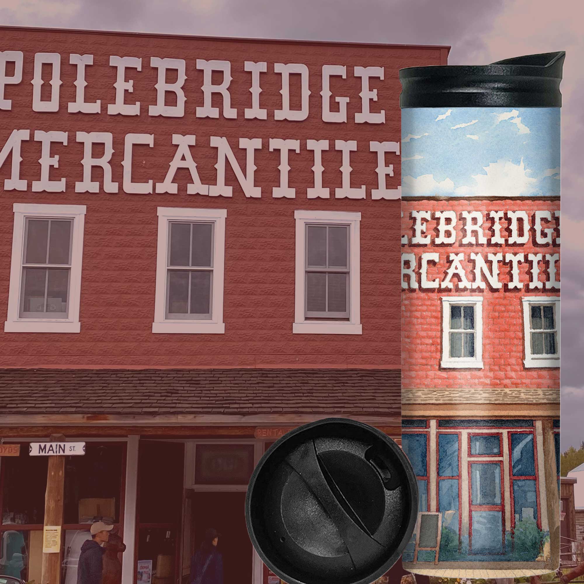 Polebridge Mercantile Travel mug thermos in West Glacier, Montana.