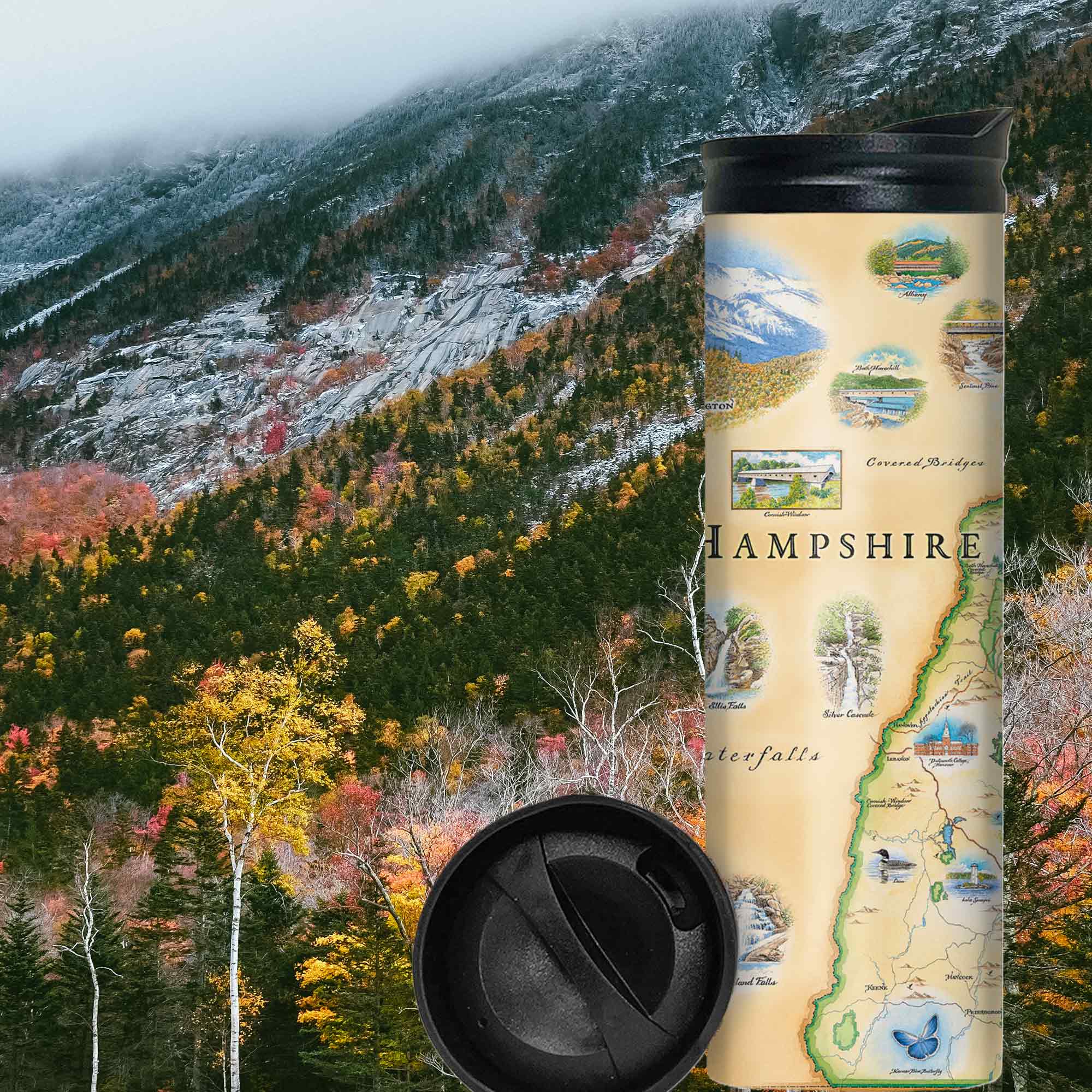 New Hampshire Travel Thermos with snow cover mountains and fall color leaves in yellow and red.