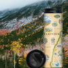 New Hampshire Travel Thermos with snow cover mountains and fall color leaves in yellow and red.