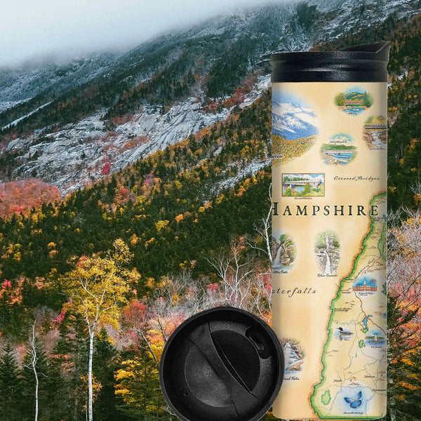 New Hampshire Travel Thermos with snow cover mountains and fall color leaves in yellow and red.