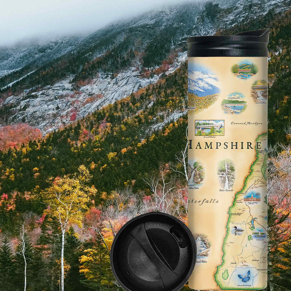 New Hampshire Travel Thermos with snow cover mountains and fall color leaves in yellow and red. 