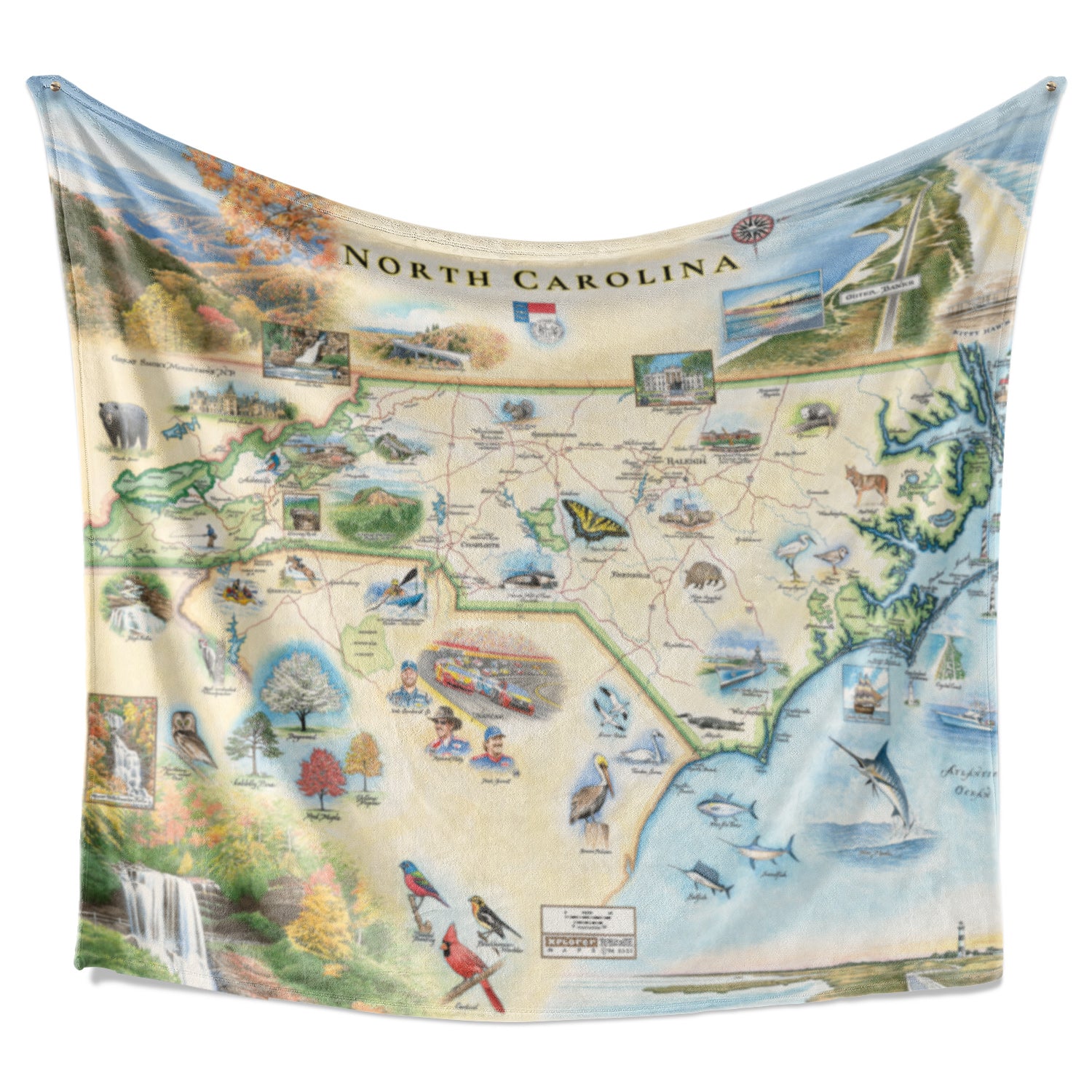 Hanging fleece blanket depicting North Carolina. Blanket features an artistic map. Measures 58