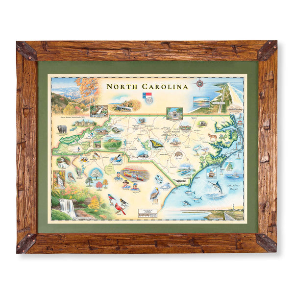 North Carolina state hand-drawn map in earth tones blues and greens. The map print is framed in Montana hand-scraped pine with a green mat.