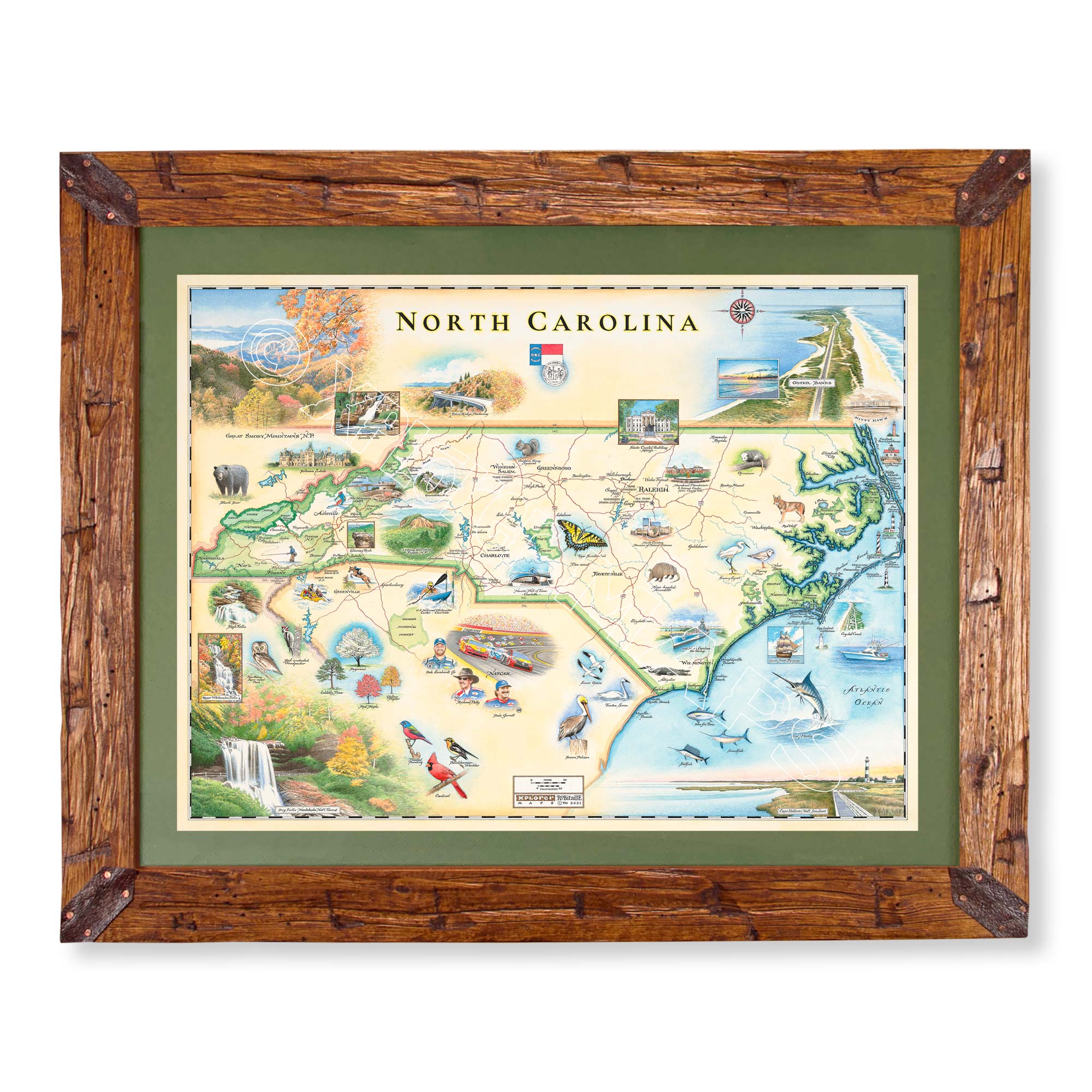 North Carolina state hand-drawn map in earth tones blues and greens. The map print is framed in Montana hand-scraped pine with a green mat.