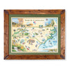 North Carolina state hand-drawn map in earth tones blues and greens. The map print is framed in Montana hand-scraped pine with a green mat.