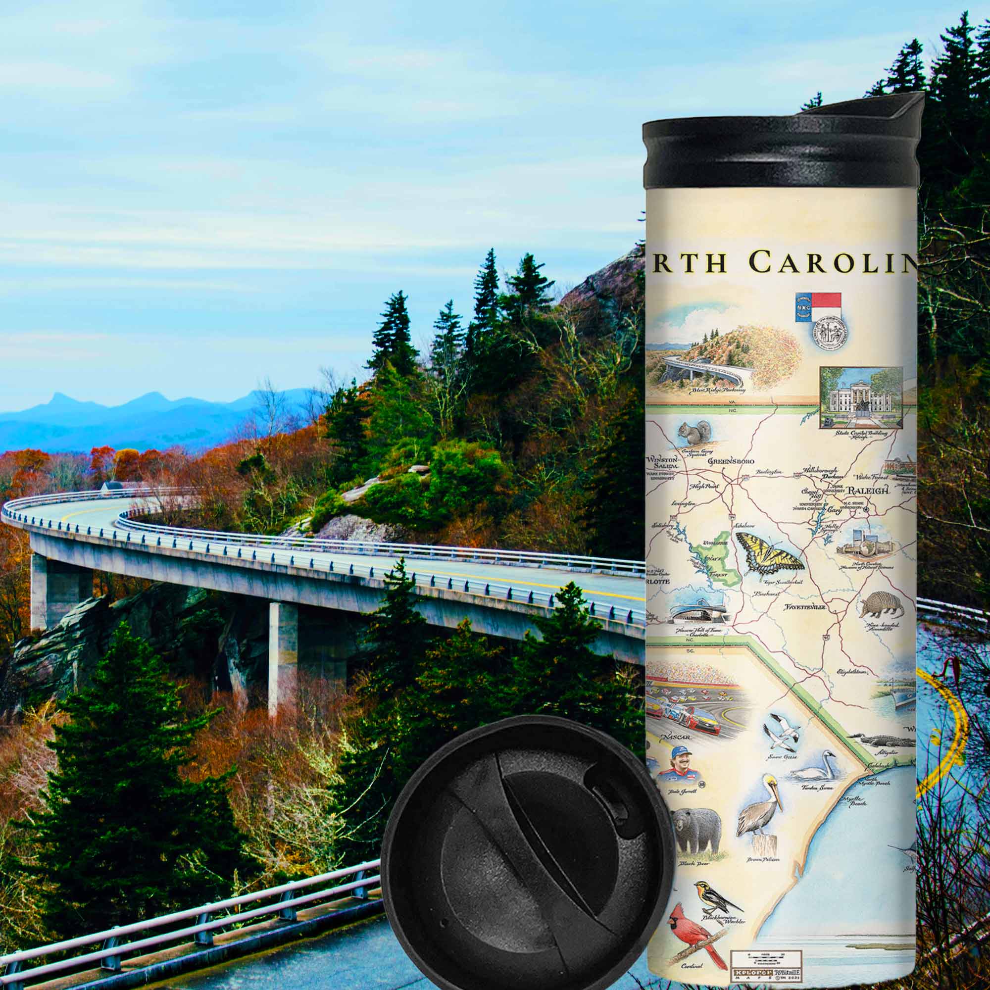 North Carolina State Map Travel Thermos with the Blue Ridge Parkway in the background.