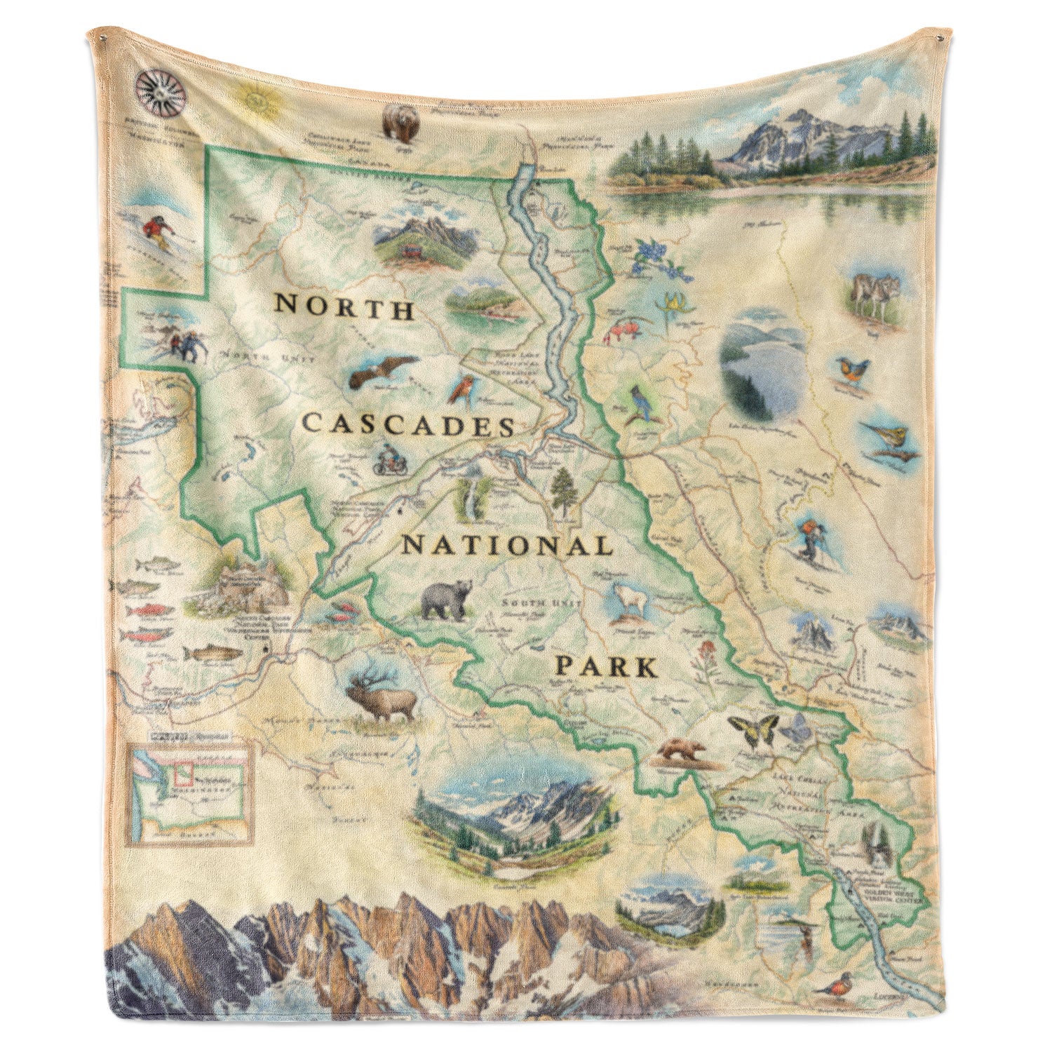 Hanging fleece blanket depicting a North Cascades National Park map. Blanket measures 58