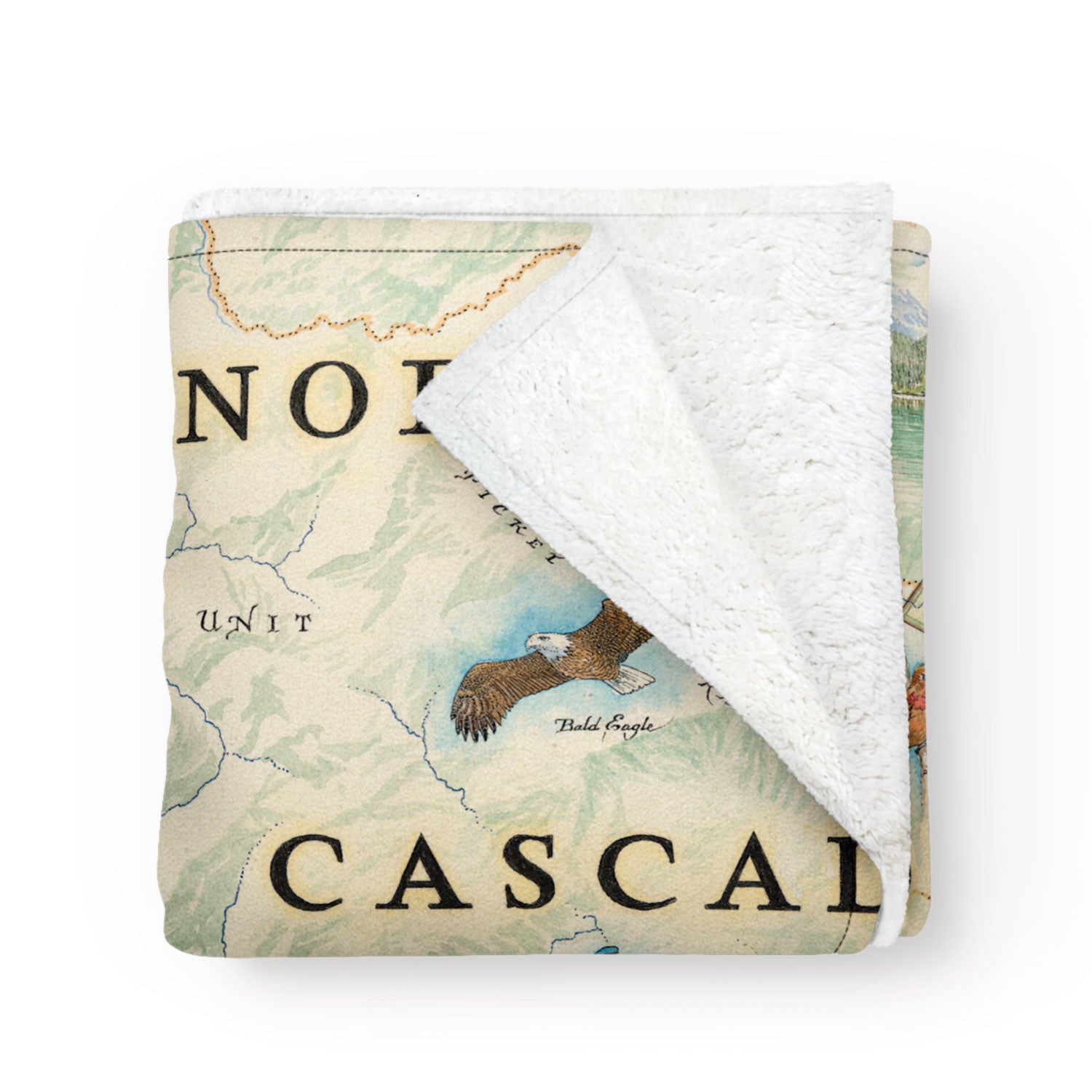 Folded blanket with map of North Cascades National Park. Soft and cozy art blanket. Measures 58