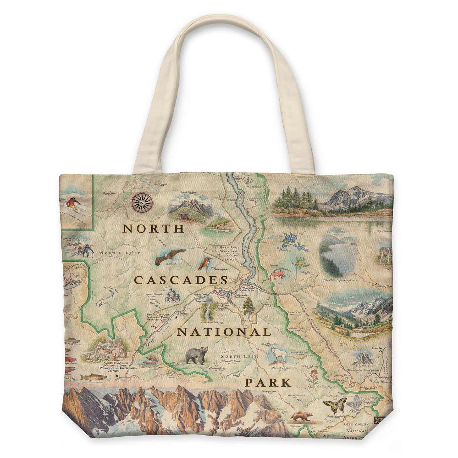 North Cascades National Park Canvas Tote Bags - Xplorer Maps. The map features illustrations of flora and fauna such as black bears, elk, wolverine, glacier lilies, and huckleberries. Other illustrations include Pickett Range, Cascade Pass, and Lake Chelan Recreation area.
