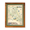 North Cascades National Park hand-drawn map. The print is framed in  Montana Flathead Lake Larch with a green mat. 