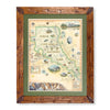 North Cascades National Park hand-drawn map in earth tones blues and greens. The map print is framed in Montana hand-scraped pine with a green mat.