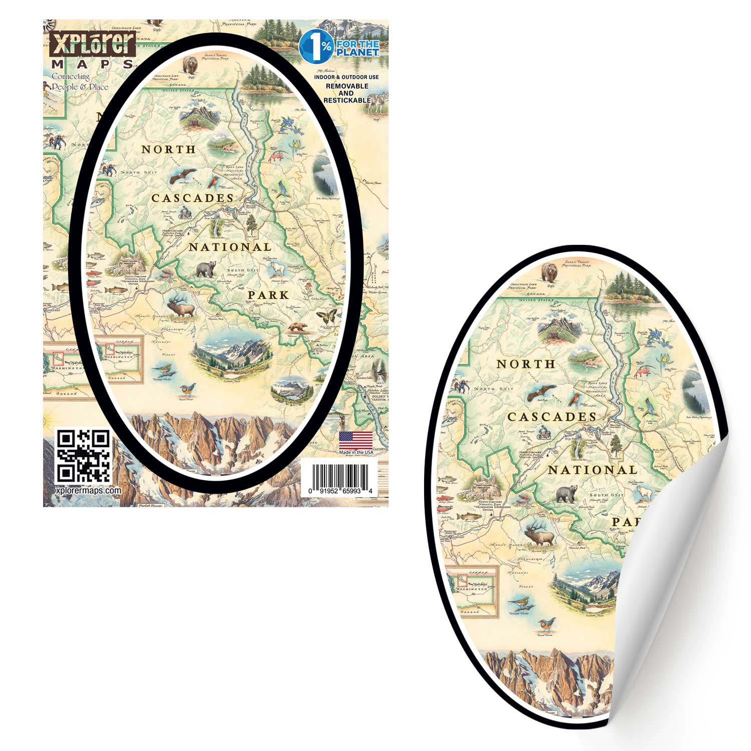 North Cascades National Park Map Sticker by Xplorer Maps. The map The cup features a grizzly bear, Mountain goat, flowers, Lake Chelan Recreation Area, and Majestic Mountains.