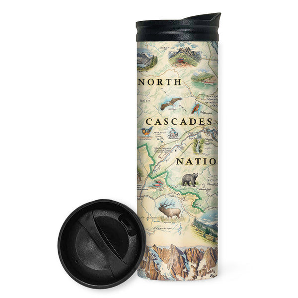 North Cascades National Park Map 16 oz Travel Drinkware in green and brown colors. Featuring bear, elk, brids mountains, Boats, Ross Lake, Mount Triumph, and birds.