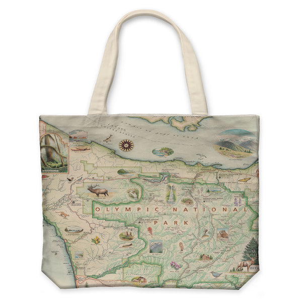 Olympic National Park Map Canvas Tote Bags by  Xplorer Maps. The map features illustrations of the park such as Enchanted Valley Chalet, Sol Duc Hot Springs Resort, Hurricane Ridge Visitor Center, and Kalaloch Lodge. Flora and fauna include sea otter, Roosevelt elk, Chinook salmon, skunk cabbage, and Flett's Violet