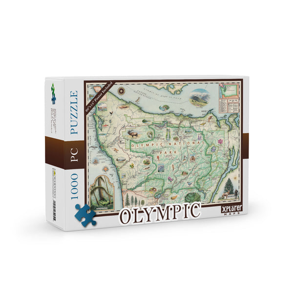 Olympic National Park Map Jigsaw Puzzle by Xplorer Maps. Features illustrations of the park such as Enchanted Valley Chalet, Sol Duc Hot Springs Resort, Hurricane Ridge Visitor Center, and Kalaloch Lodge. Flora and fauna include sea otters, Roosevelt elk, Chinook salmon, skunk cabbage, and Flett's Violet. 