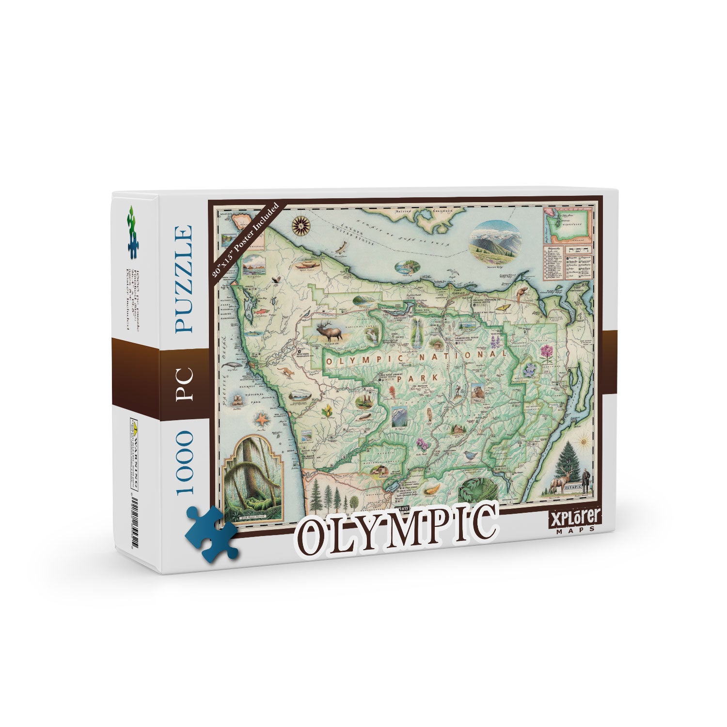 Olympic National Park Map Jigsaw Puzzle by Xplorer Maps. Features illustrations of the park such as Enchanted Valley Chalet, Sol Duc Hot Springs Resort, Hurricane Ridge Visitor Center, and Kalaloch Lodge. Flora and fauna include sea otters, Roosevelt elk, Chinook salmon, skunk cabbage, and Flett's Violet.