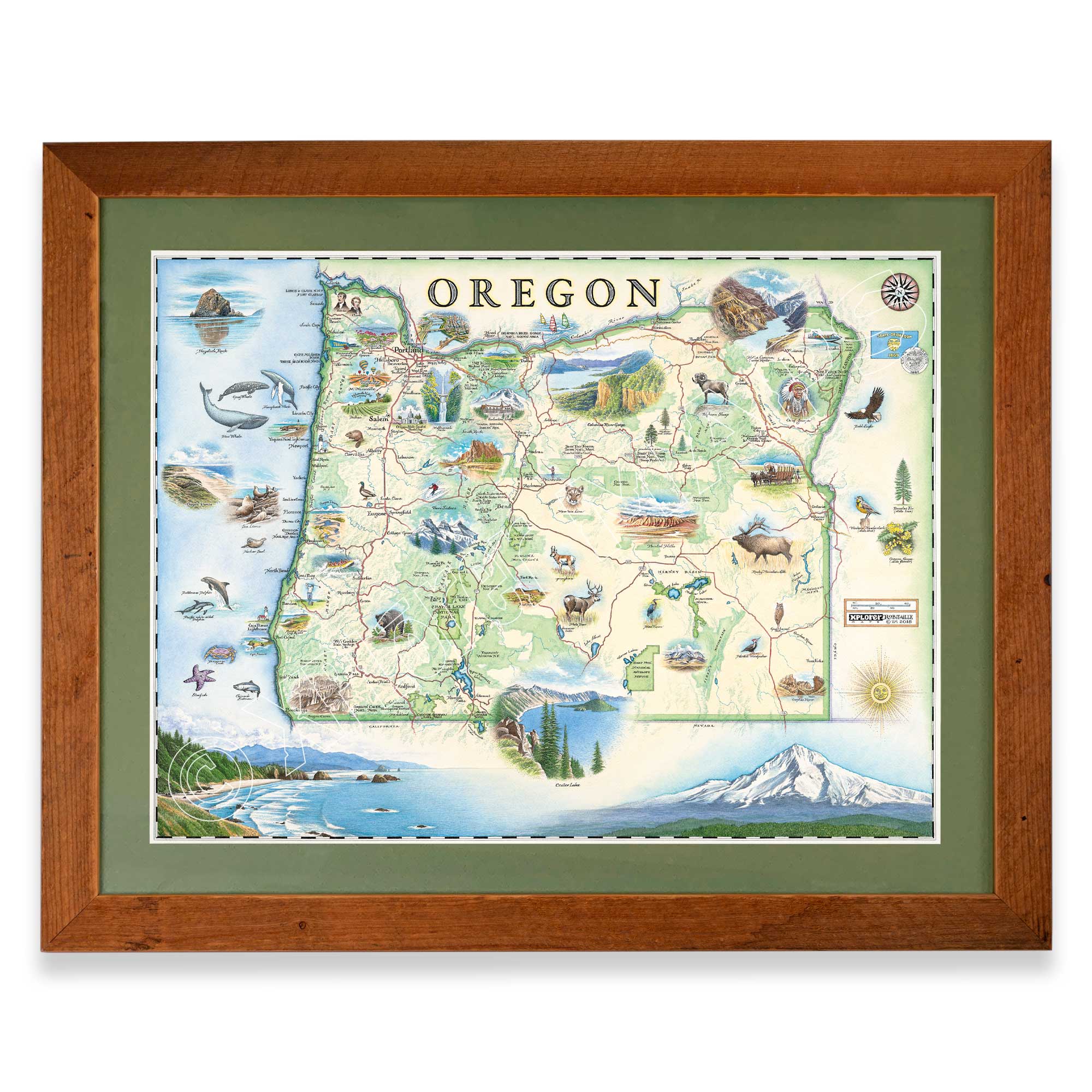 Oregon State framed hand-drawn map. The print is framed in  Montana Flathead Lake Larch with a green mat. 