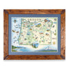 Oregon State hand-drawn map in earth tones blues and greens. The map print is framed in Montana hand-scraped pine with a blue mat.