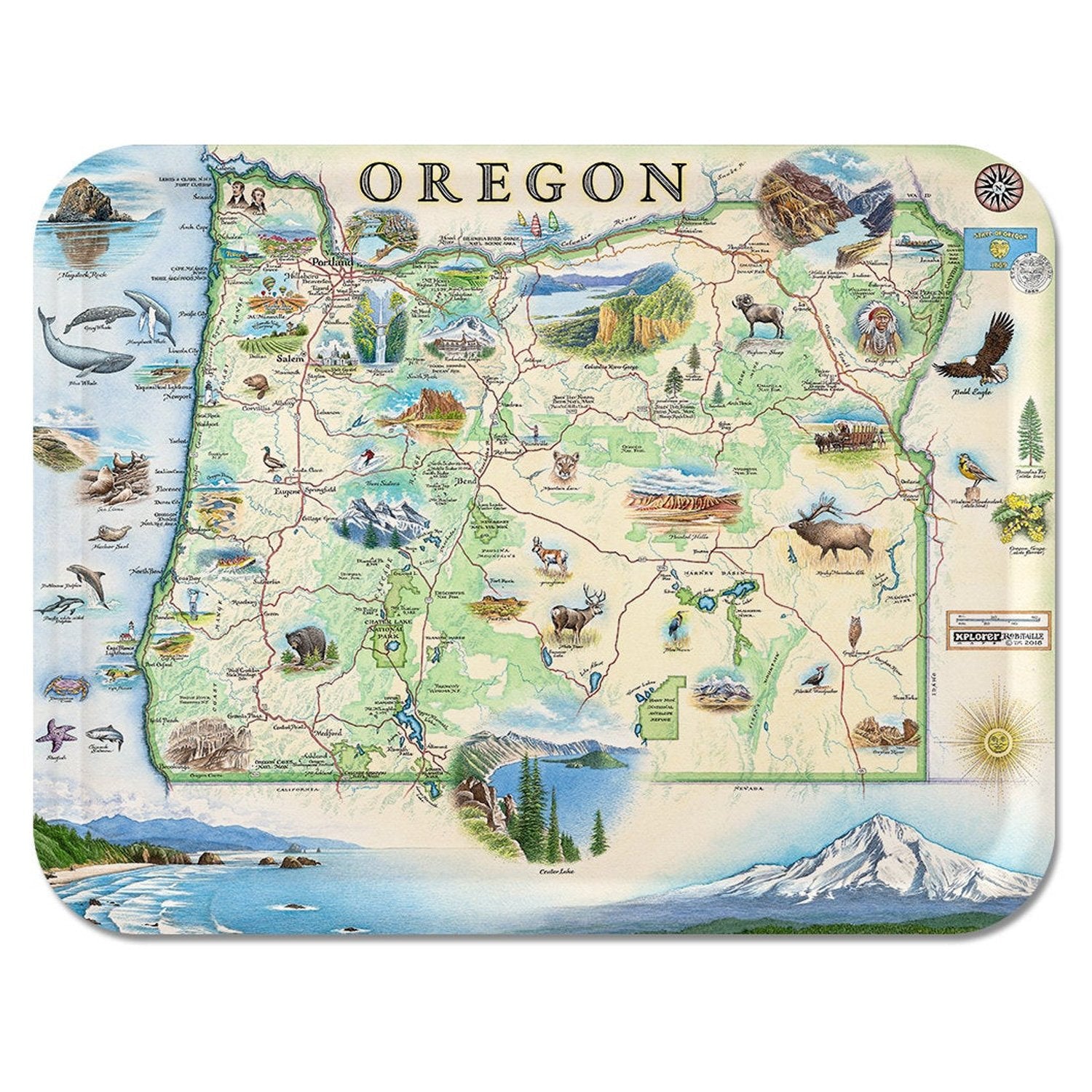A handcrafted birchwood serving tray featuring a hand-illustrated map of Oregon by artist Chris Robitaille, with a durable matte melamine finish.