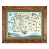 Oregon State hand-drawn map in earth tones blues and greens. The map print is framed in Montana hand-scraped pine with a green mat.