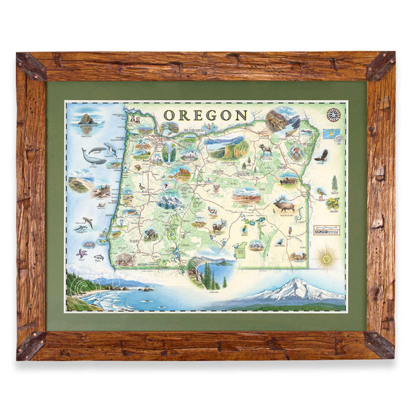 Oregon State hand-drawn map in earth tones blues and greens. The map print is framed in Montana hand-scraped pine with a green mat.