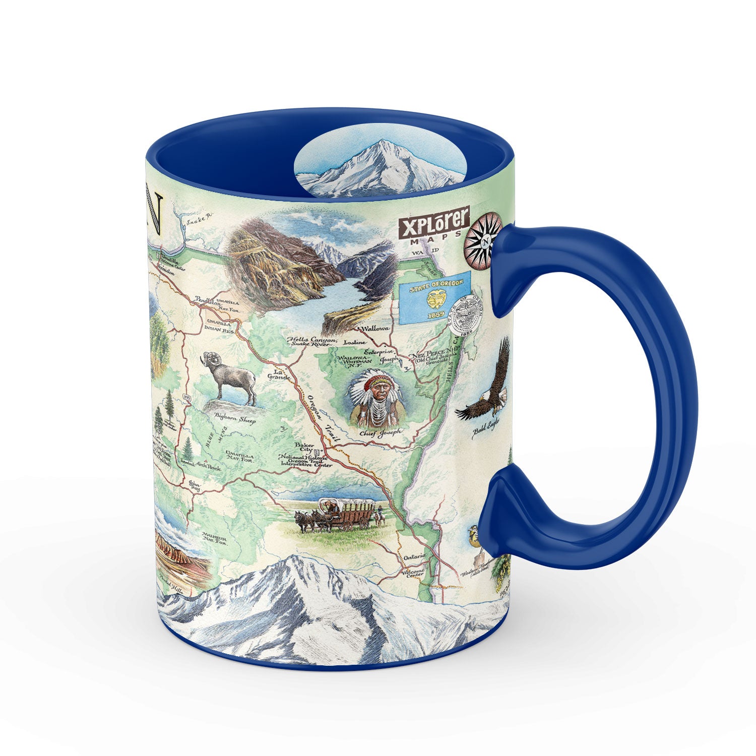 Blue 16 oz Oregon State Map Ceramic MugThe map features illustrations such as Hells Canyon Snake River, the Columbia River Gorge, Multnomah Falls, and Crater Lake. Flora and fauna include the blue whale, big horn sheep, Dungeness crab, Oregon grape, and Douglas Fir.