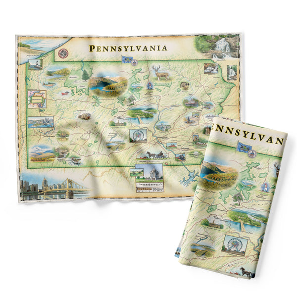 Pennsylvania state map kitchen dishwashing towel in earth tones and greens. Features illustrations of places like Hershey park, the state capitol building, Valley Forge, Philadelphia, and the Allegheny National Forest. Includes groundhog Punxsutawney Phil, Brook trout, white-tail deer, and mountain laurel. 