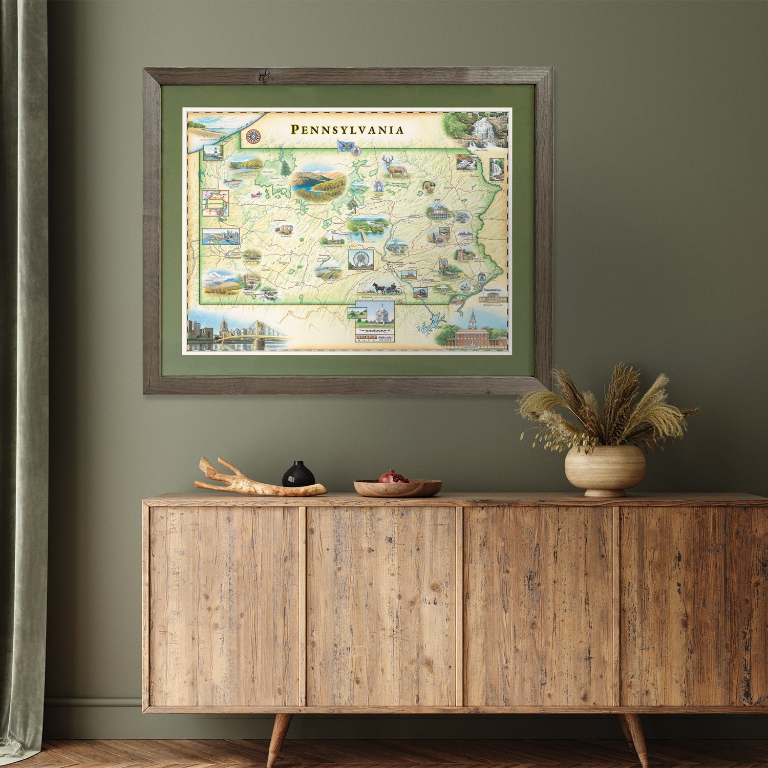 Xplorer Maps state map of Pennsylvania hangs on a green wall in a hallway above a table.