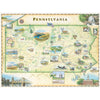 Pennsylvania state hand-drawn map in earth tones green and beige. The map features illustrations of places like Hershey park, the state capitol building, Valley Forge, Philadelphia, the Allegheny National Forest. Flora and fauna include groundhog Punxstawny Phil, Brook trout, white tail deer, and mountain laurel. Measures 24x18."