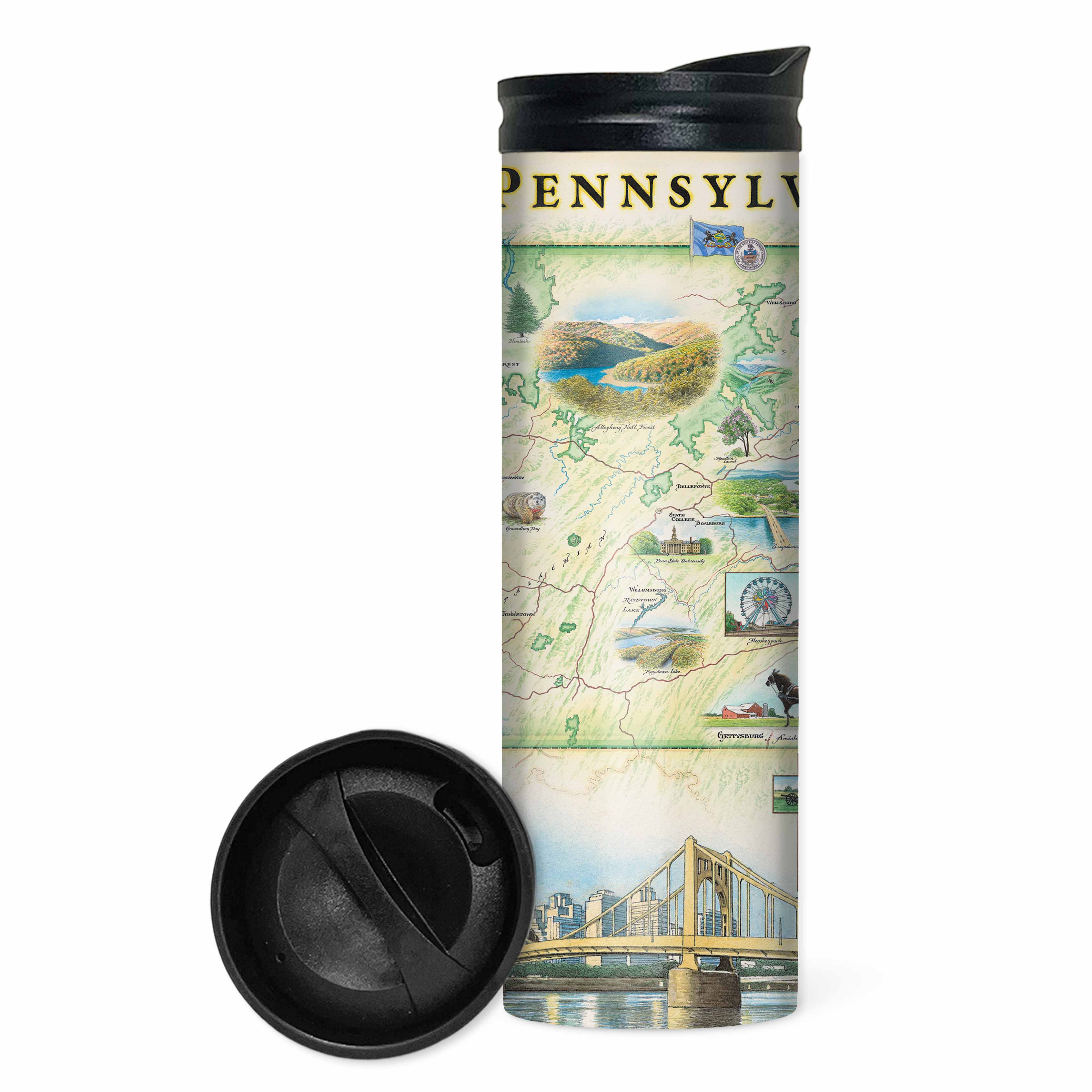 Pennsylvania State Map 16 oz Travel Bottle in neutral colors and green. Featuring Hershey Park, Lancaster, Lake Erie, Amish, Gettysburg Philadelphia, Pittsburg.
