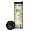 Pennsylvania State Map 16 oz Travel Bottle in neutral colors and green. Featuring Hershey Park, Lancaster, Lake Erie, Amish, Gettysburg Philadelphia, Pittsburg.