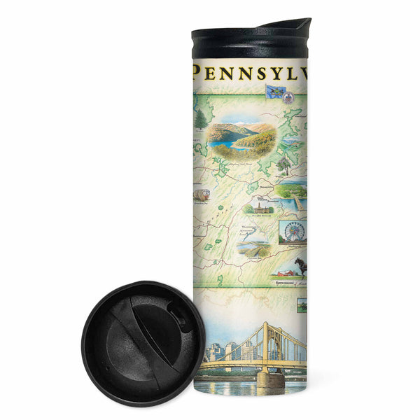 Pennsylvania State Map 16 oz Travel Bottle in neutral colors and green. Featuring  Hershey Park, Lancaster, Lake Erie, Amish, Gettysburg Philadelphia, Pittsburg.