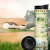 Pennsylvania State Map 16 oz Travel thermos mug. Barn and farm field in the background.
