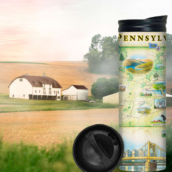 Pennsylvania State Map 16 oz Travel thermos mug. Barn and farm field in the background.