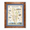 Red Rock Canyon National Recreation Area hand-drawn map in earth tones blues and greens. The map print is framed in Montana hand-scraped pine with a blue mat.