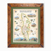 Red Rock Canyon National Recreation Area hand-drawn map in earth tones blues and greens. The map print is framed in Montana hand-scraped pine with a green mat.