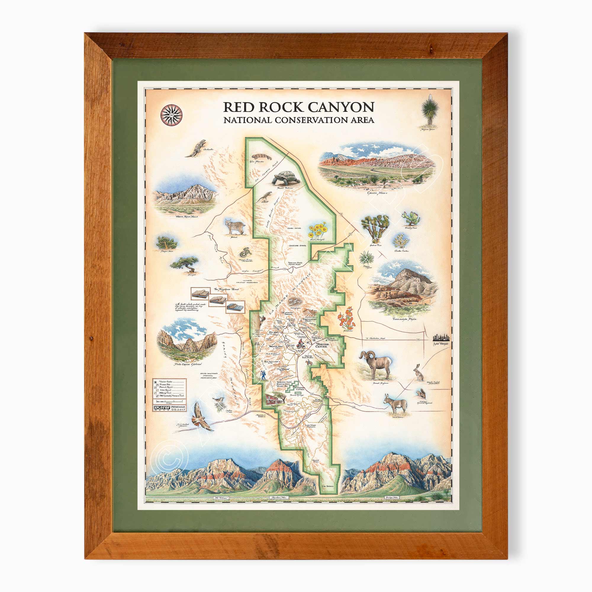 Red Rock Canyon National Recreation Area hand-drawn map in earth tones blues and greens. The map print is framed in reclaimed Montana Flathead Lake Larch with a green mat.
