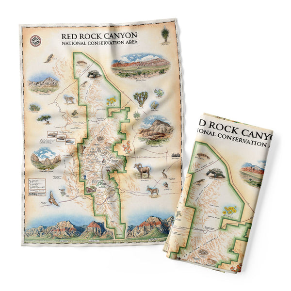 Red Rocks Canyon National Park Kitchen Dishwashing Towel in earth tones, beige, brown, red, and green. The map features illustrations of places such as Mt. Willson, Rainbow Mountain, Bridge Mountain, and Spring Mountain Ranch. Include a red-tail hawk, desert Bighorn, Globemallow, Joshua tree, and Prickly pear cactus.