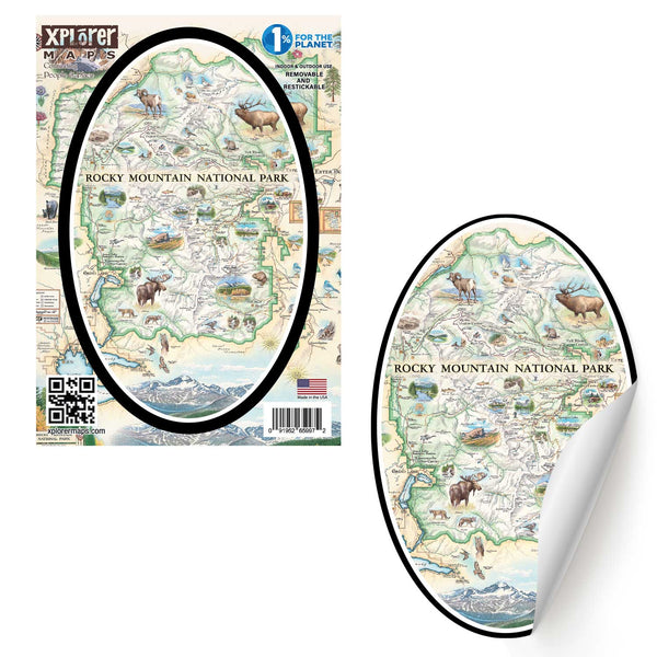Rocky Mountain National Park Map Stickers by Xplorer Maps. The map features illustrations of places like Trail Ridge Road, Mount Ganby, Estes Park, and the Alpine Visitor Center. Flora and fauna include bobcats, snowshoe hares, Indian paintbrushes, and wild roses. 