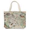Rocky Mountain National Park Map Canvas Tote Bags by Xplorer Maps. The map features illustrations of places like Trail Ridge Road, Mount Ganby, Estes Park, and the Alpine Visitor Center. Flora and fauna include bobcats, snowshoe hares, Indian paintbrushes, and wild roses.