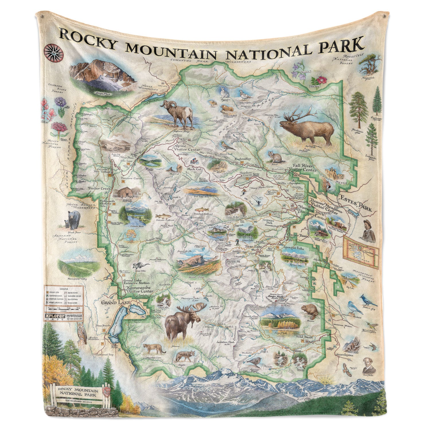 Hanging blanket with artist-drawn and painted map of Rocky Mountain National Park.