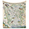 Hanging blanket with artist-drawn and painted map of Rocky Mountain National Park.